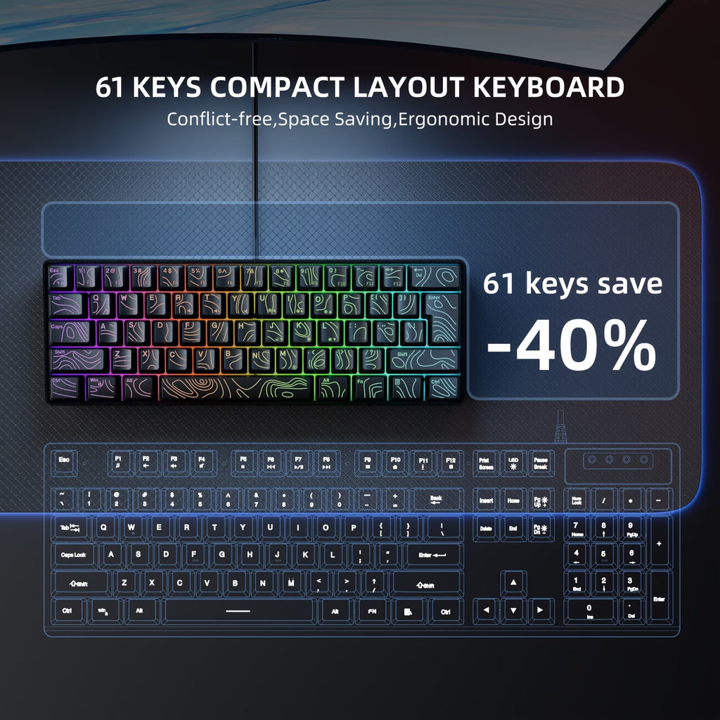 Topo-Glow 60% Mechanical Keyboard – RGB Backlit Topographic Keycaps